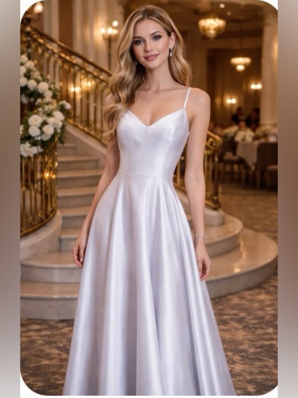 Azazie Ivory Satin V-Neck Spaghetti Strap A-Line Wedding Gown